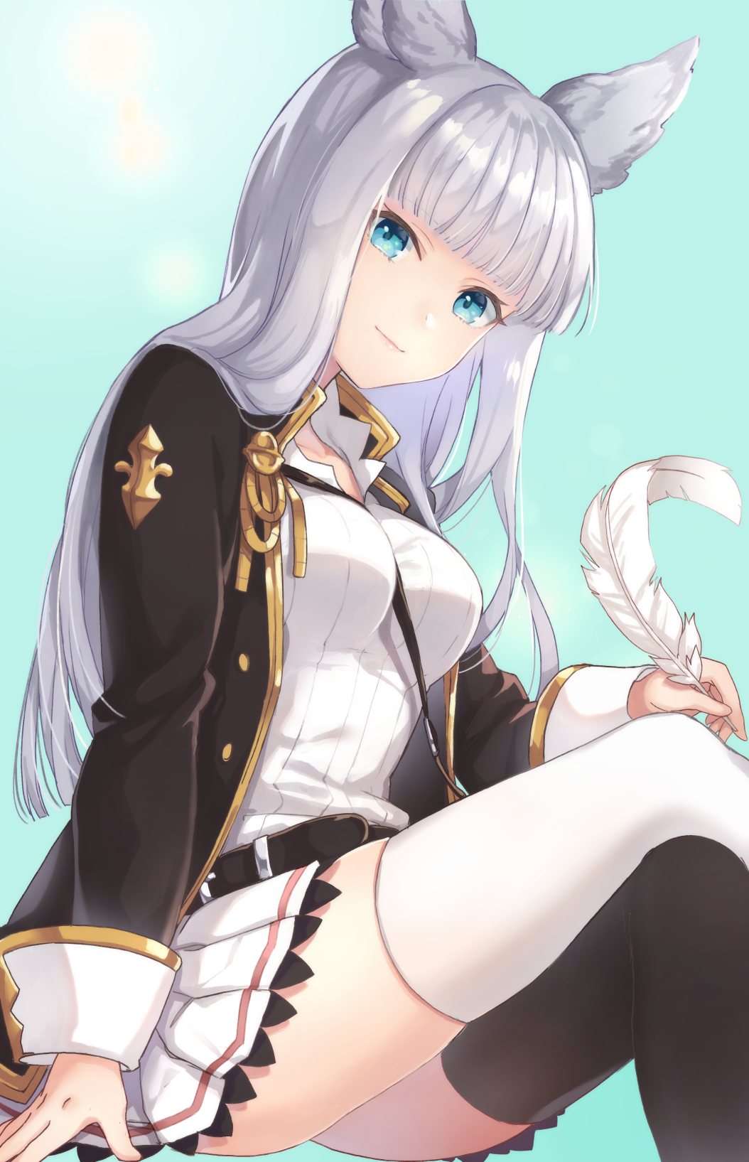 1girl animal_ears bangs belt between_breasts black_jacket black_legwear blue_background blue_eyes blunt_bangs breasts closed_mouth erune eyebrows_visible_through_hair feathers granblue_fantasy highres holding invisible_chair jacket kon_(k0n16) korwa legs_crossed long_hair long_sleeves looking_at_viewer medium_breasts miniskirt mismatched_legwear open_clothes open_jacket pleated_skirt shirt simple_background sitting skirt sleeve_cuffs smile solo straight_hair thighhighs thighs white_hair white_legwear white_shirt white_skirt