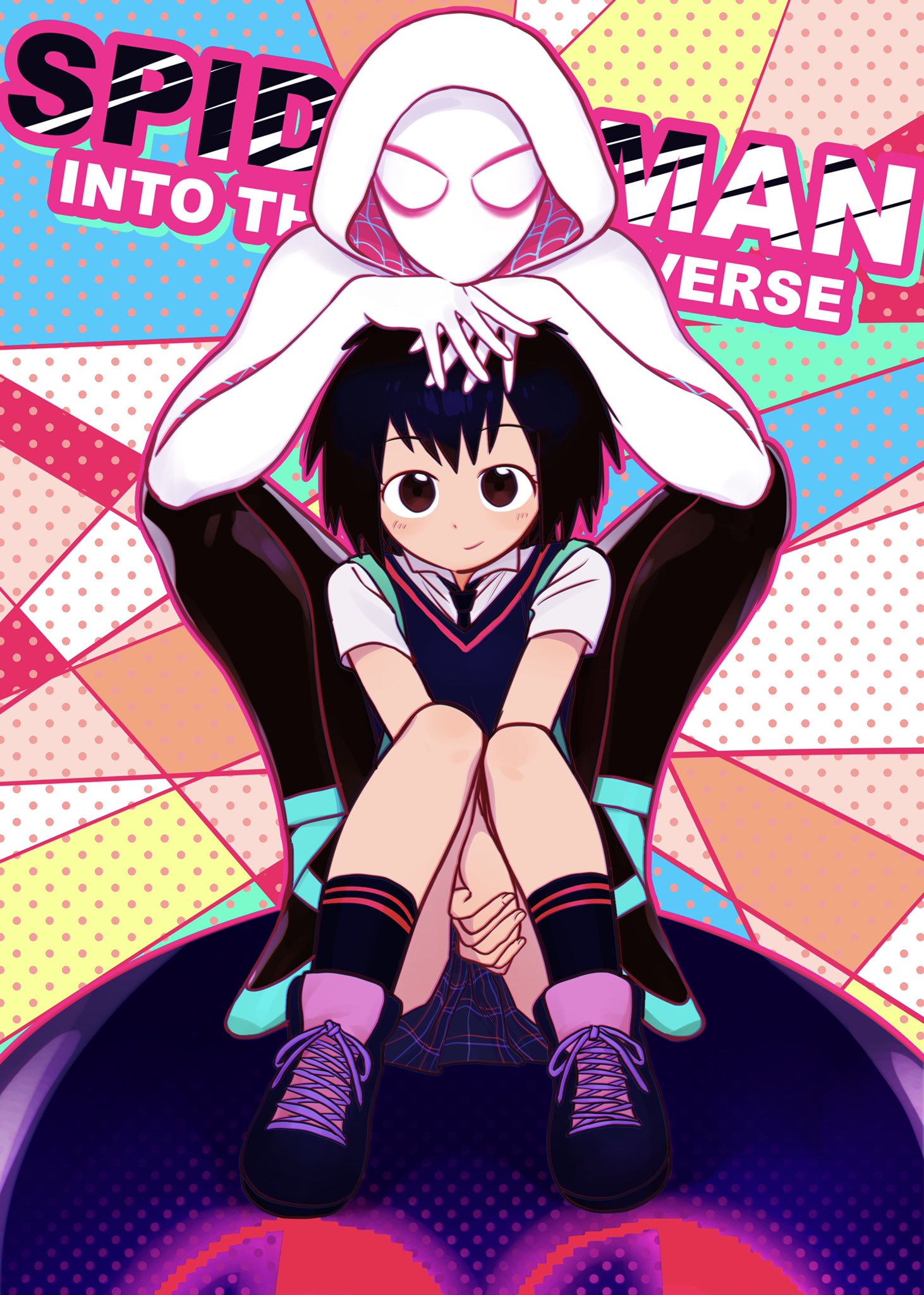 2girls big_eyes black_hair blush clasped_hands colorful costume cute eyebrows female gwen_stacy hand_on_head hood hoodie japanese marvel mask mecha peni_parker school_uniform shoes skirt smile socks sp//dr spider-gwen spider-man:_into_the_spider-verse spider-man_(series) title waki_ase young