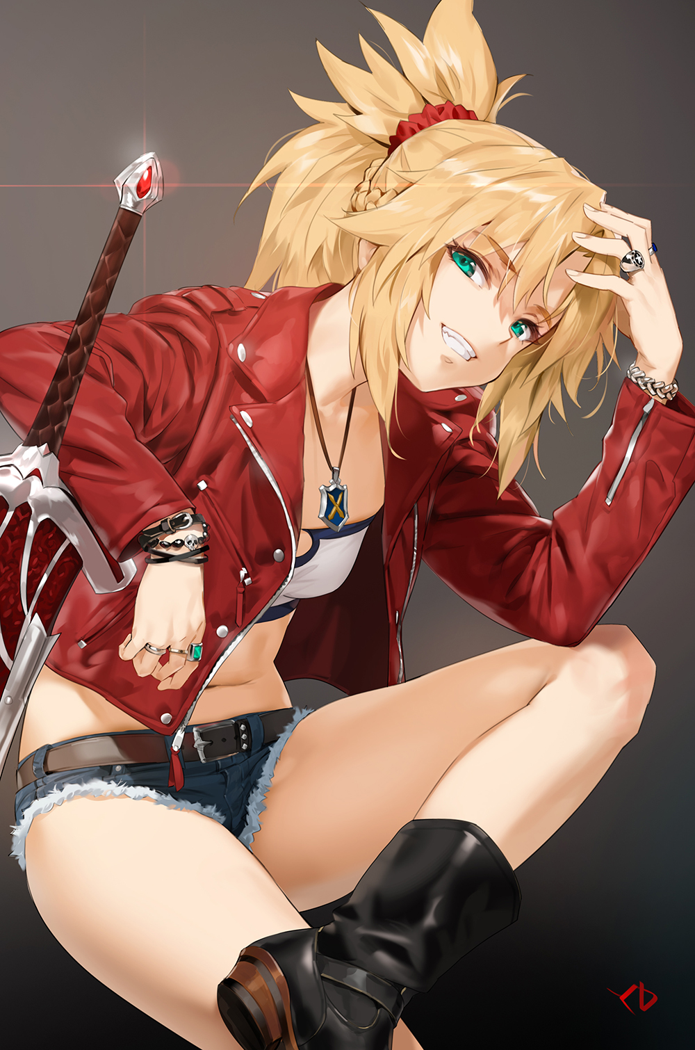 1girl bandeau bangs belt blonde_hair blush boots bracelet braid clarent commentary_request cutoffs denim denim_shorts eyebrows_visible_through_hair fate/apocrypha fate_(series) french_braid green_eyes grin hair_ornament hair_scrunchie highres jacket jewelry leather leather_jacket legs_crossed long_hair long_sleeves looking_at_viewer mordred_(fate) mordred_(fate)_(all) navel necklace ponytail red_scrunchie ring scrunchie shorts sitting smile solo teeth yang-do