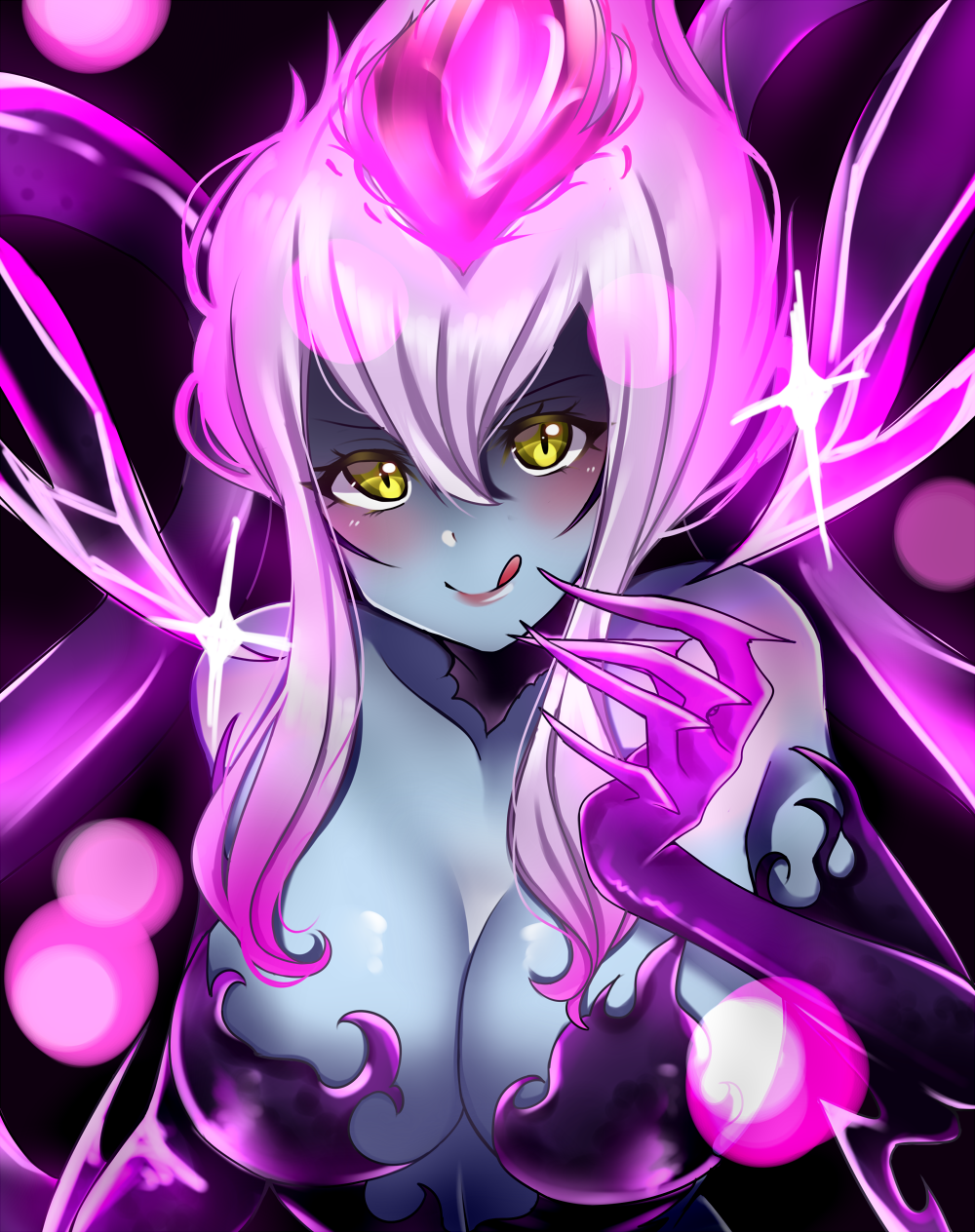 1girl blue_skin breasts claws cleavage darkness evelynn facial_mark fiery_hair hand_to_own_mouth highres large_breasts league_of_legends licking_lips looking_at_viewer mintmia11 sidelocks slit_pupils smile solo tentacle tongue tongue_out white_hair yellow_eyes