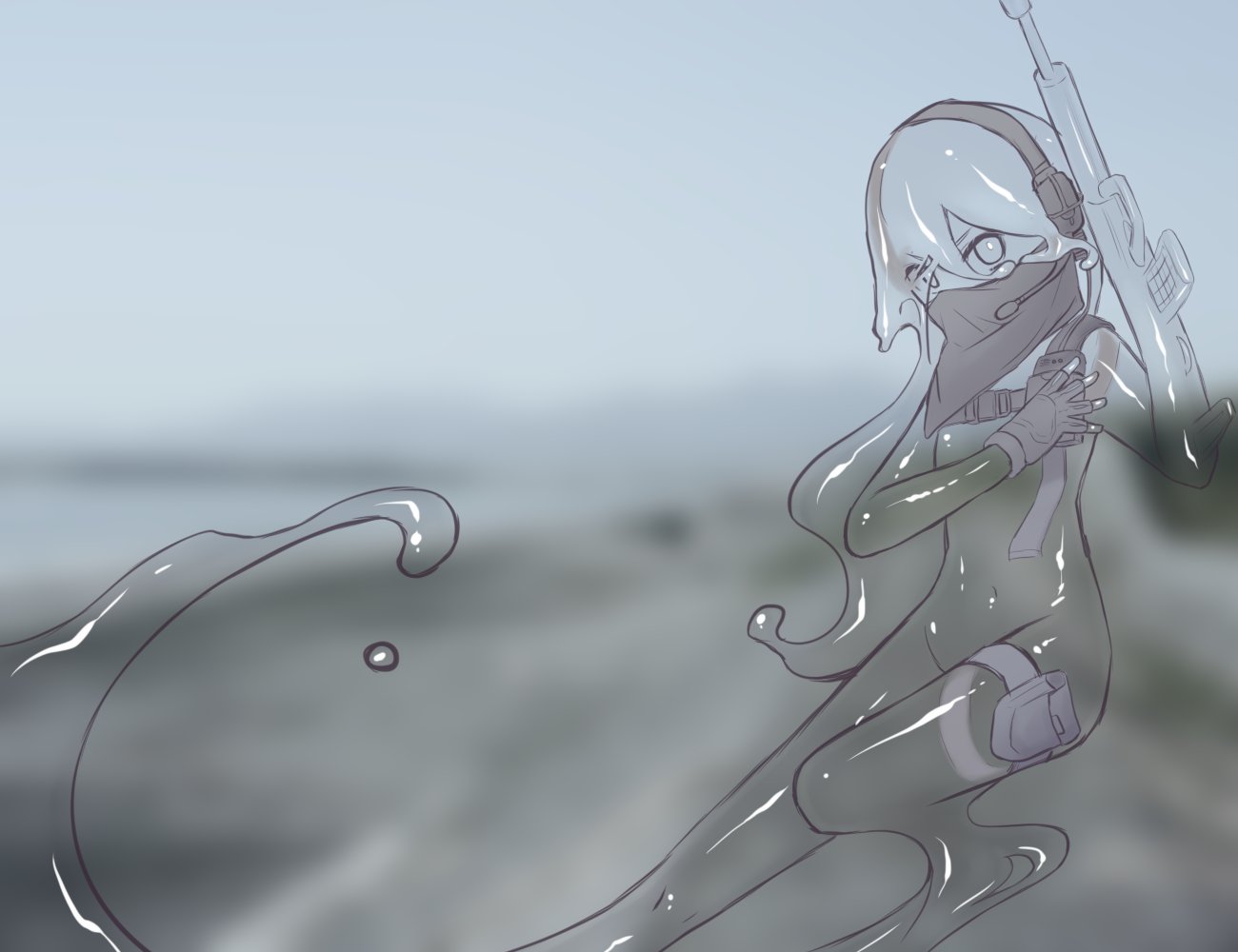 1girl female goo_girl gun half_mask monster_girl original shiny solo toru_(akira) transparent weapon