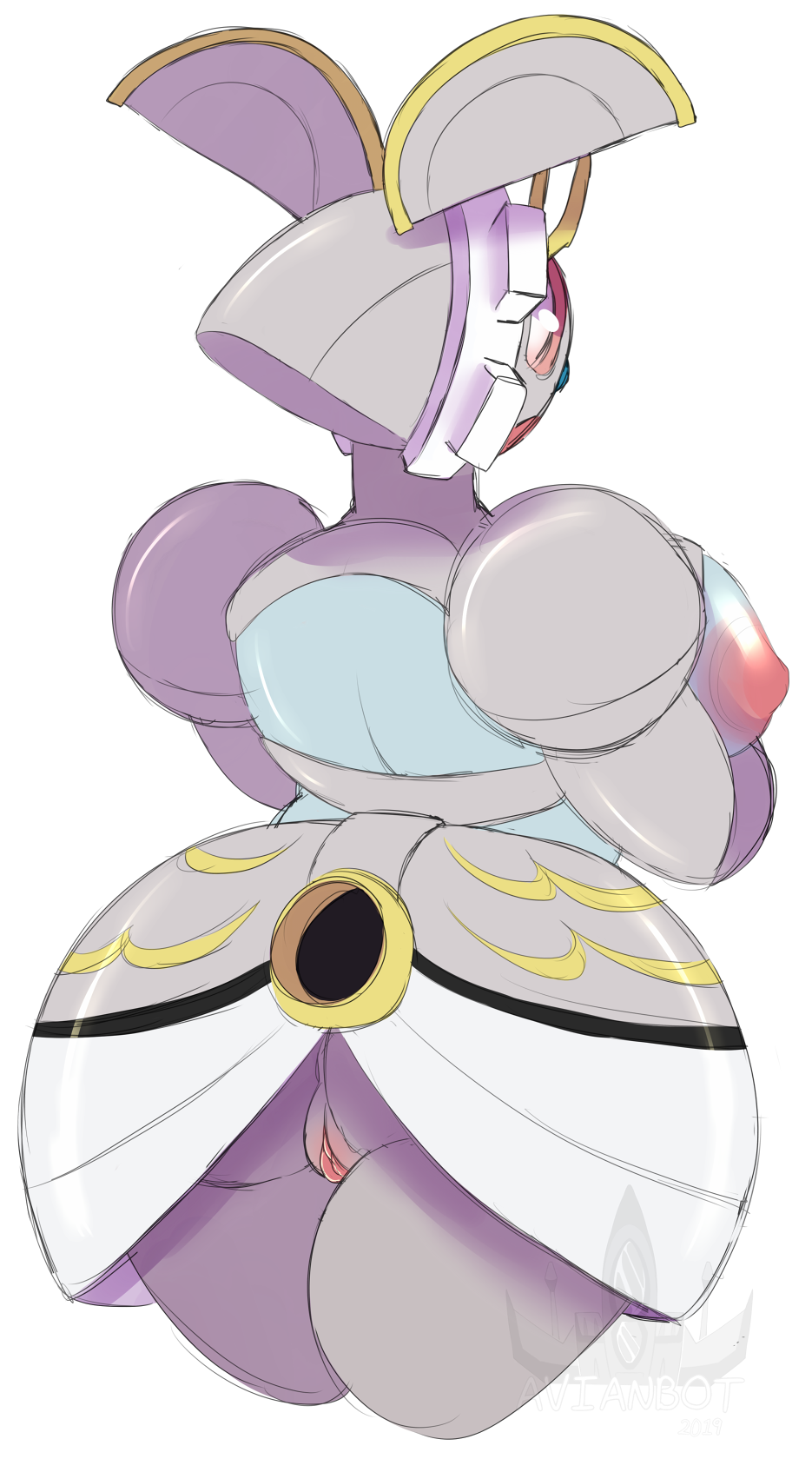 :o alpha_channel areola big_breasts blush breasts butt candychameleon female hi_res humanoid_pussy looking_back magearna nintendo nipples not_furry nude pok&eacute;mon pok&eacute;mon_(species) pussy side_boob simple_background solo thick_thighs transparent_background video_games