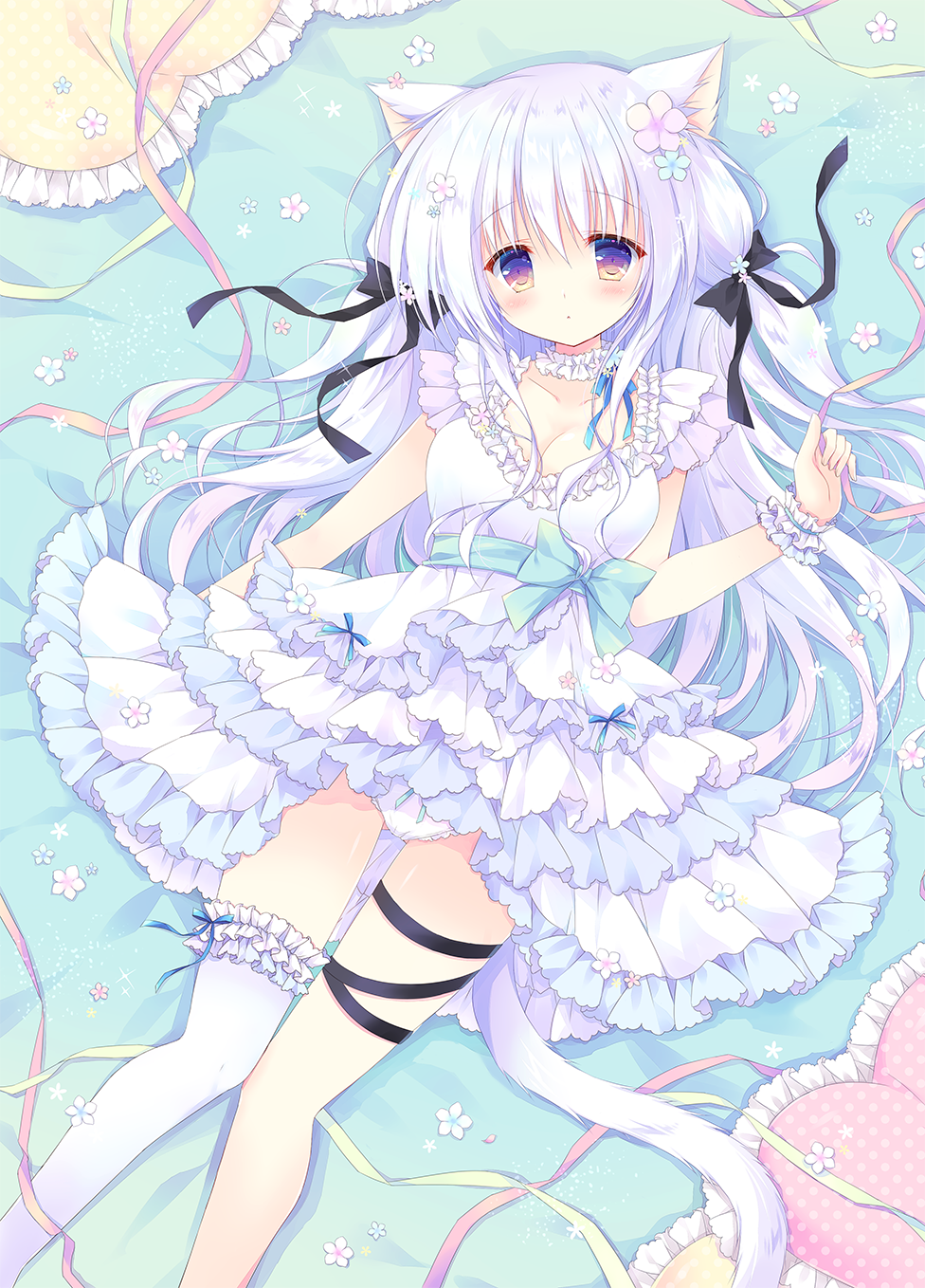 1girl animal_ear_fluff animal_ears asymmetrical_legwear bangs bed_sheet black_bow blue_flower blush bow cat_ears closed_mouth commentary_request dress eyebrows_visible_through_hair flower frilled_dress frilled_legwear frilled_pillow frills hair_between_eyes hair_bow hair_flower hair_ornament hand_up hasekura_chiaki highres holding holding_ribbon layered_dress long_hair looking_at_viewer lying on_back original panties pillow pink_ribbon pleated_dress polka_dot purple_eyes purple_flower ribbon silver_hair single_thighhigh solo thighhighs underwear very_long_hair white_dress white_legwear white_panties wrist_cuffs