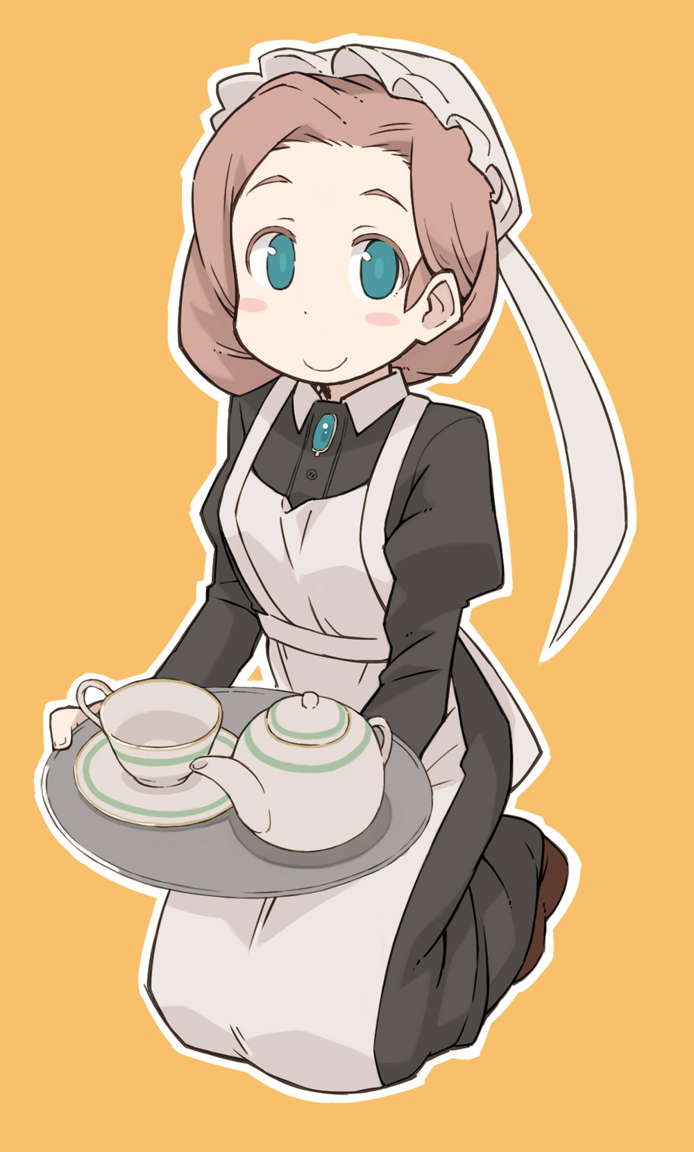 apron aqua_eyes blush_stickers brown_hair cup highres holding looking_at_viewer maid maid_apron maid_cap original seiza simple_background sitting smile teacup teapot tray tugeneko