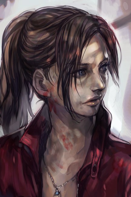 1girl blue_eyes brown_hair claire_redfield denim hankuri long_hair ponytail resident_evil resident_evil_2 solo