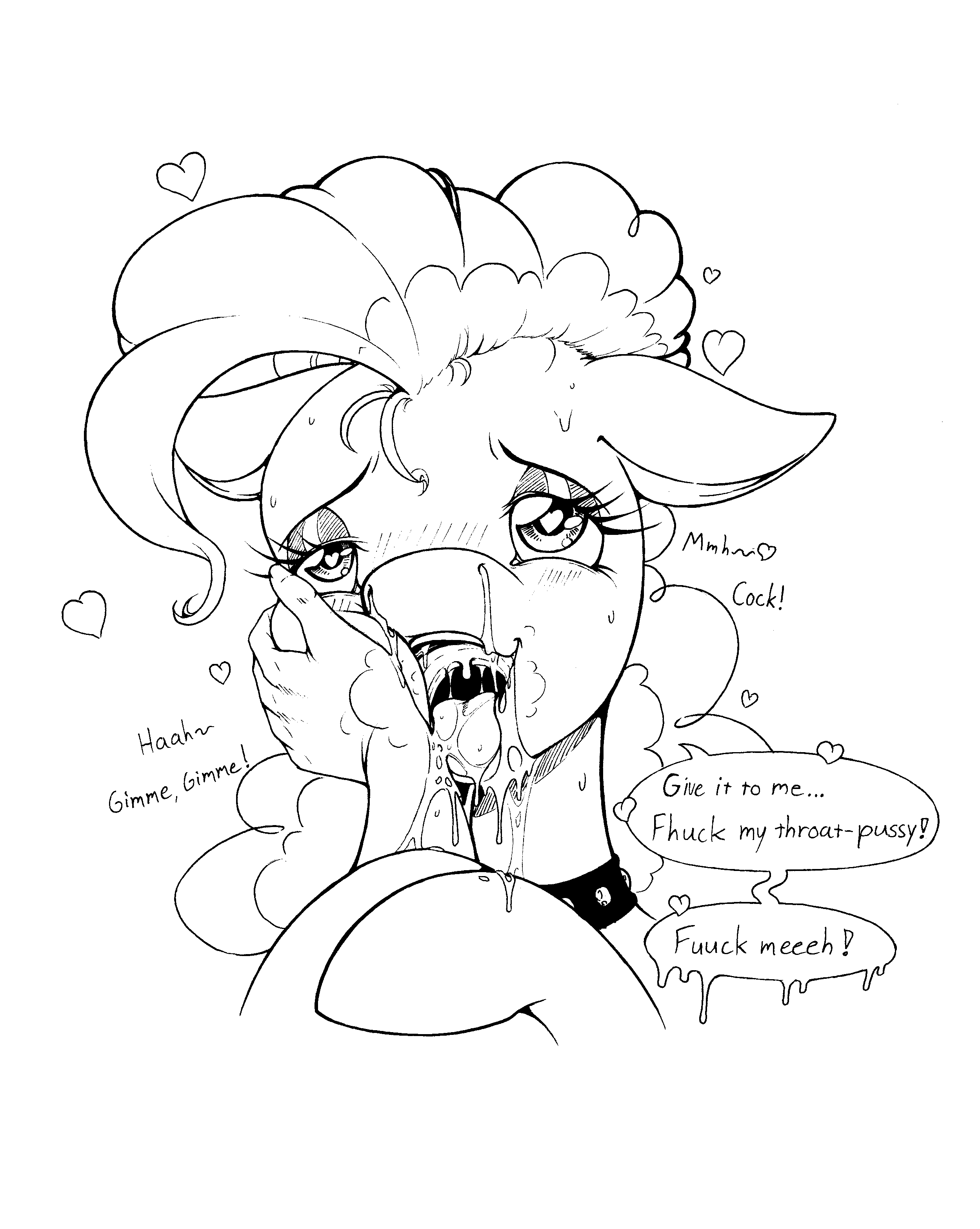&lt;3 &lt;3_eyes absurd_res blush collar cum dialogue disembodied_hand english_text equid equine eyeshadow female feral friendship_is_magic hi_res horse human line_art longinius makeup mammal monochrome my_little_pony open_mouth pinkie_pie_(mlp) pony text