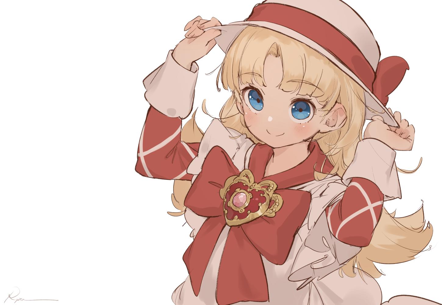 1girl ashita_no_nadja blonde_hair blue_eyes blush bow brooch dress eyebrows_visible_through_hair hat hat_bow heart jewelry long_hair long_sleeves looking_at_viewer nadja_applefield porkpie_hat ryota_(ry_o_ta) signature simple_background smile solo upper_body white_background