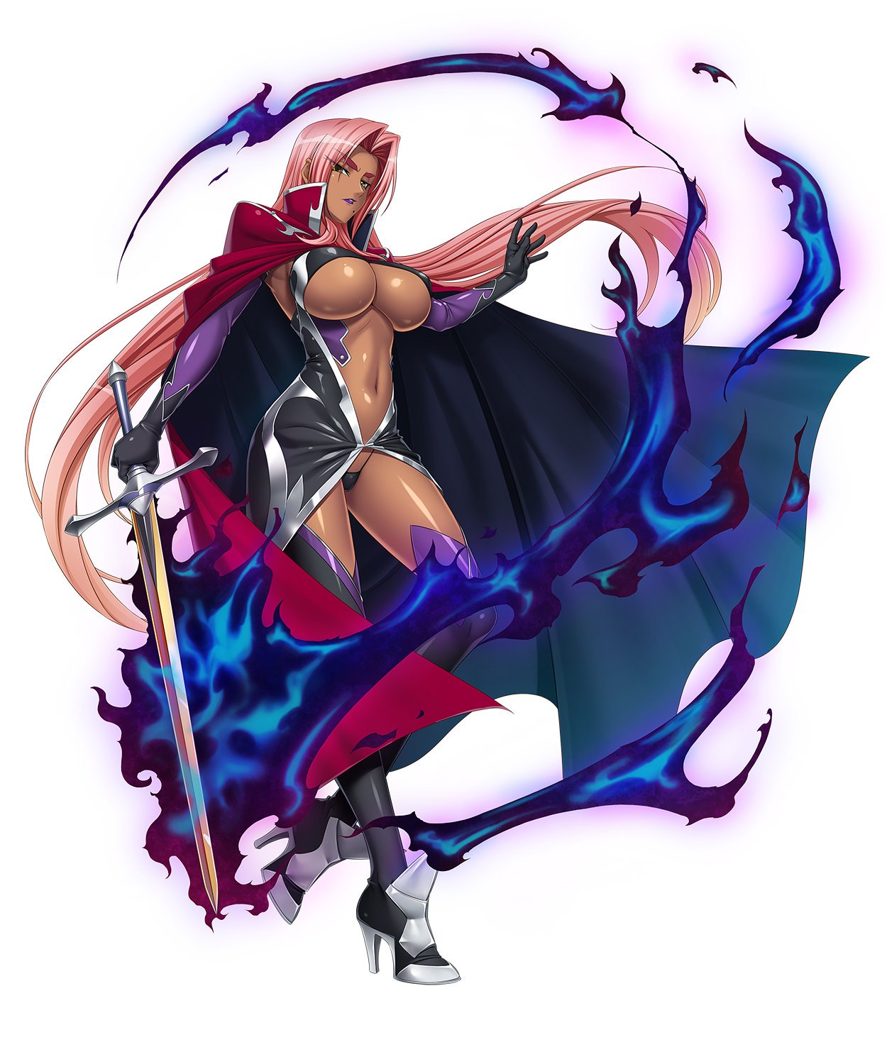 00s 1girl boots breasts cape curvy dark_skin erect_nipples female fire full_body gloves highres ingrid_(taimanin_asagi) kagami_hirotaka large_breasts lilith-soft lipstick looking_at_viewer makeup nipples pink_hair shiny shiny_hair shiny_skin simple_background solo sword taimanin_(series) taimanin_asagi taimanin_rpgx thick_thighs thighhighs thighs thong weapon white_background yellow_eyes