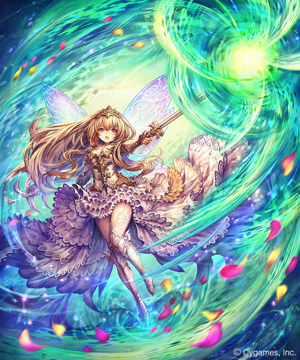 1girl aria_blaze blonde_hair breasts copyright_name fairy_princess full_body highres long_hair looking_at_viewer madogawa official_art open_mouth red_eyes shadowverse solo wings