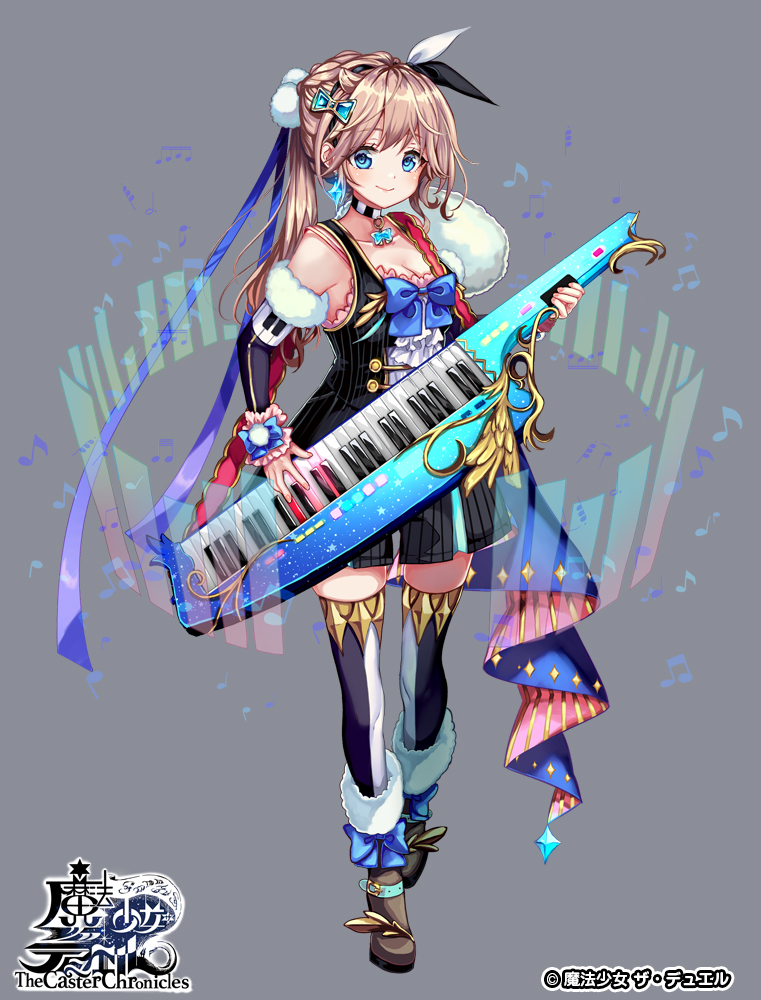 1girl bare_shoulders blue_eyes breasts brown_hair dress full_body grey_background holding holding_instrument instrument long_hair looking_at_viewer medium_breasts official_art pisuke simple_background smile solo standing the_caster_chronicles