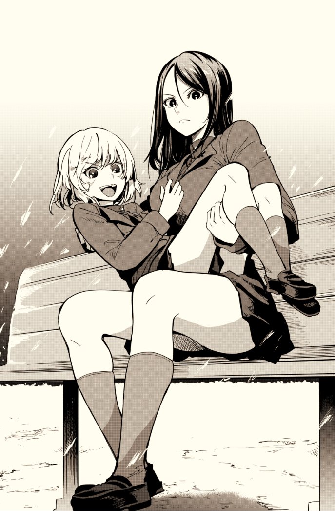 2girls :d bangs bench bonkara_(sokuseki_maou) carrying closed_mouth emblem eyebrows_visible_through_hair frown girls_und_panzer greyscale katyusha legs loafers long_hair long_sleeves miniskirt monochrome multiple_girls nonna open_mouth outdoors pleated_skirt pravda_school_uniform princess_carry school_uniform shoes short_hair sitting skindentation skirt smile snow socks swept_bangs turtleneck v-shaped_eyebrows