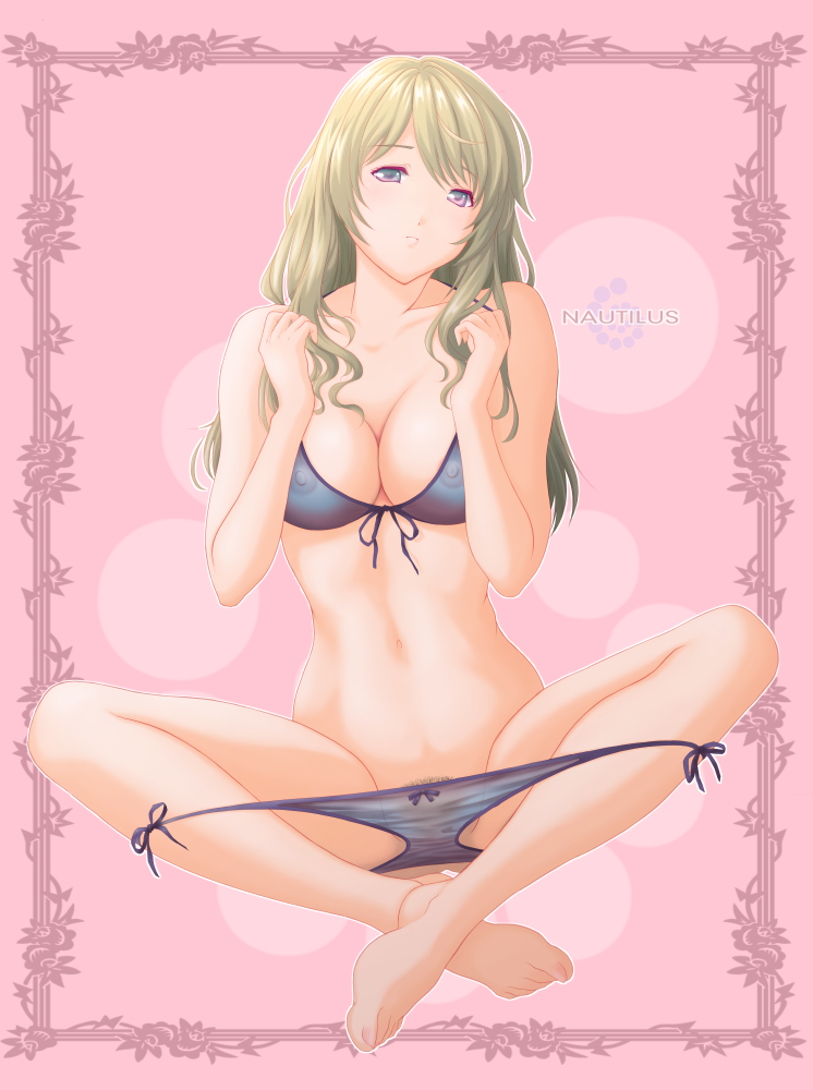 1girl :o areolae bangs blonde_hair bra breasts bubble cleavage commentary_request erect_nipples eyebrows_visible_through_hair flower_border hozumi_naiki large_breasts legs_crossed lingerie long_hair looking_at_viewer navel nipples original panties panty_pull parted_bangs pink_background purple_bra purple_eyes purple_panties see-through sitting solo underwear