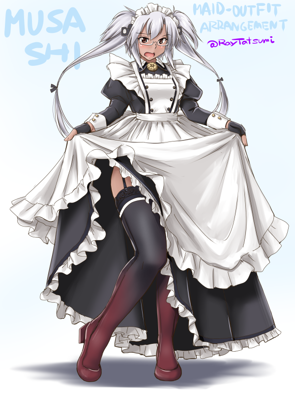 1girl alternate_costume apron black_dress boots brown_eyes dark_skin dress enmaided full_body garter_straps glasses grey_hair kantai_collection long_sleeves maid maid_apron maid_headdress musashi_(kantai_collection) puffy_long_sleeves puffy_sleeves remodel_(kantai_collection) semi-rimless_eyewear solo standing tatsumi_ray thigh_boots thighhighs twintails under-rim_eyewear white_apron wrist_cuffs