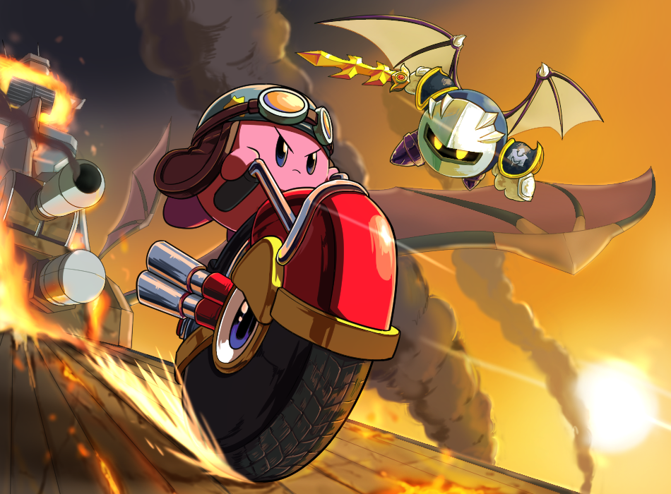 3boys armor artist_request blue_eyes helmet kirby kirby_(series) male_focus mask meta_knight multiple_boys nintendo sword tagme weapon wheelie_(kirby) wings yellow_eyes