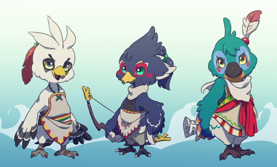 amber_eyes anthro apron avian beak bird bow breath_of_the_wild chibi claws clothing feathers green_eyes group hand_on_hip hands_behind_back holding_object holding_weapon kass_(zelda) looking_at_viewer male multicolored_feathers music_sheet ningukt nintendo open_mouth open_smile pants revali rito scarf simple_background smile standing talons teba_(zelda) the_legend_of_zelda video_games weapon winged_arms wings