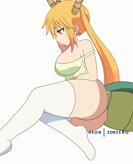 &lt;3 5_fingers animal_humanoid animated big_breasts bouncing_breasts breasts butt cleavage clothed clothing dragon_humanoid eyes_closed female hair horn humanoid legwear looking_at_viewer miss_kobayashi's_dragon_maid one_eye_closed open_mouth panties simple_background smile solo teeth thigh_highs tohru_(dragon_maid) underwear white_background wink zorzero