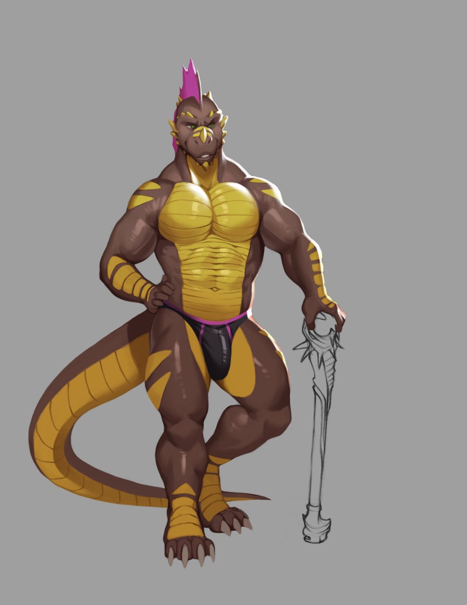 2019 abs biceps brown_scales bulge claws clothed clothing dragon frill green_eyes hand_on_hip head_frill hi_res kristakeshi male muscular muscular_male navel pecs pinup pose quads scales scalie simple_background skimpy smile solo spikes staff standing toe_claws triceps underwear yellow_scales