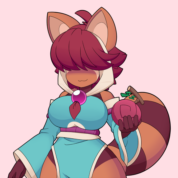 2018 ailurid anthro berry big_breasts breasts brown_fur chinese clothed clothing crankyconstruct dandan digital_media_(artwork) dress female food fruit fur hair hair_over_eyes japanese_clothing kimono lunar_regalia mammal nighthead paws pose red_fur red_hair red_panda ringtail rope short_hair short_stack simple_background smile solo stripes wide_hips