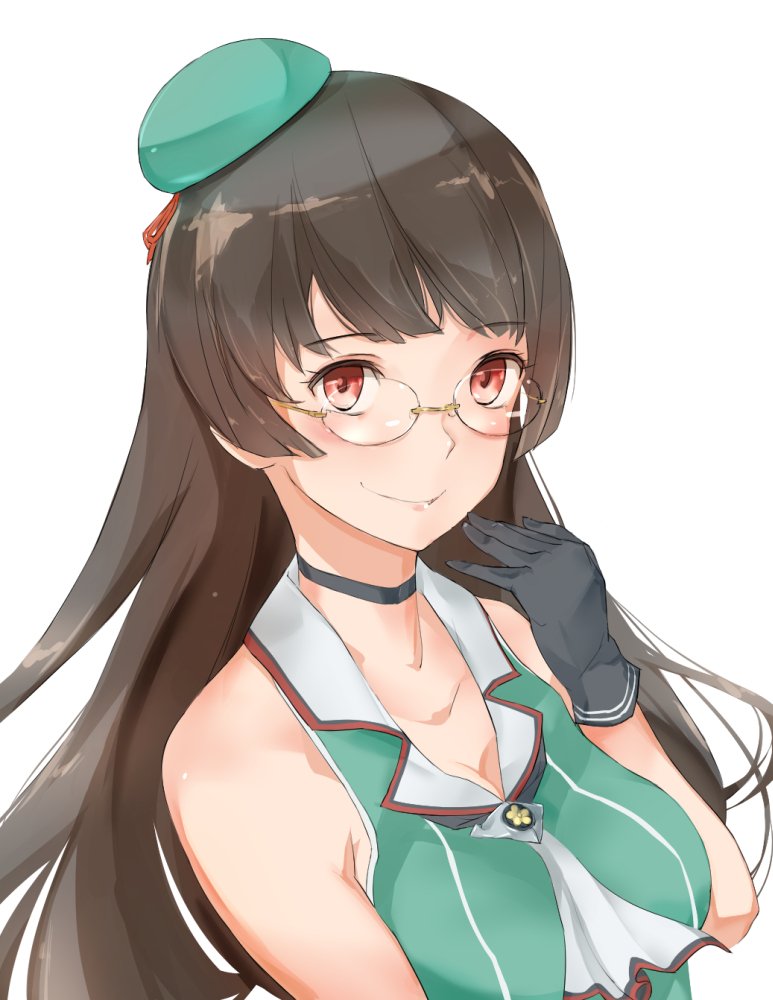 1girl bare_shoulders beret black_gloves black_hair breasts choker choukai_(kantai_collection) glasses gloves hat kantai_collection large_breasts long_hair looking_at_viewer red_eyes remodel_(kantai_collection) rimless_eyewear simple_background sleeveless smile solo upper_body white_background yamaioni_(sasakama)