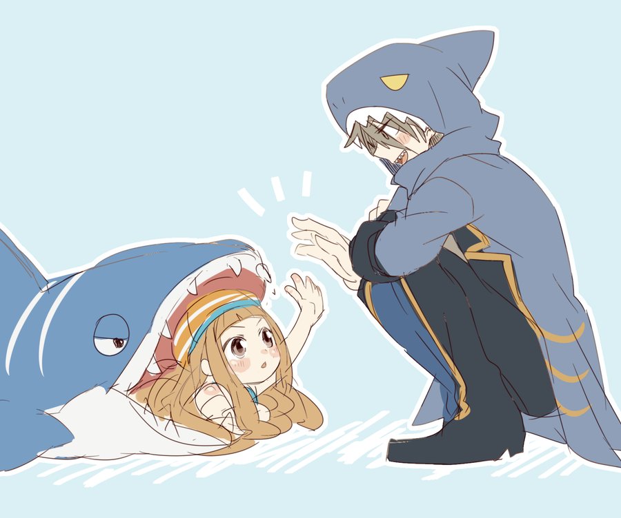 1boy 1girl akuno_hideo alternate_costume animal_hood bangs brown_hair hood ichihara_nina idolmaster idolmaster_cinderella_girls idolmaster_side-m looking_at_another shark_hood