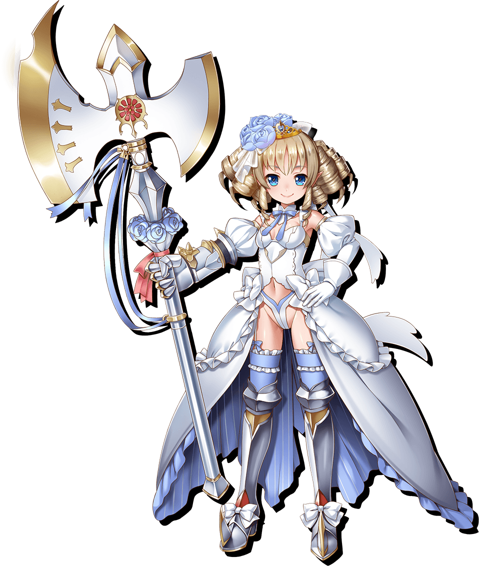 10s 1girl armored_boots axe battle_axe blonde_hair blue_eyes boots dress drill_hair flat_chest flower gauntlets queen's_blade queen's_blade_unlimited ribbons warrior weapon wedding_dress white_dress ymir_(queen's_blade)