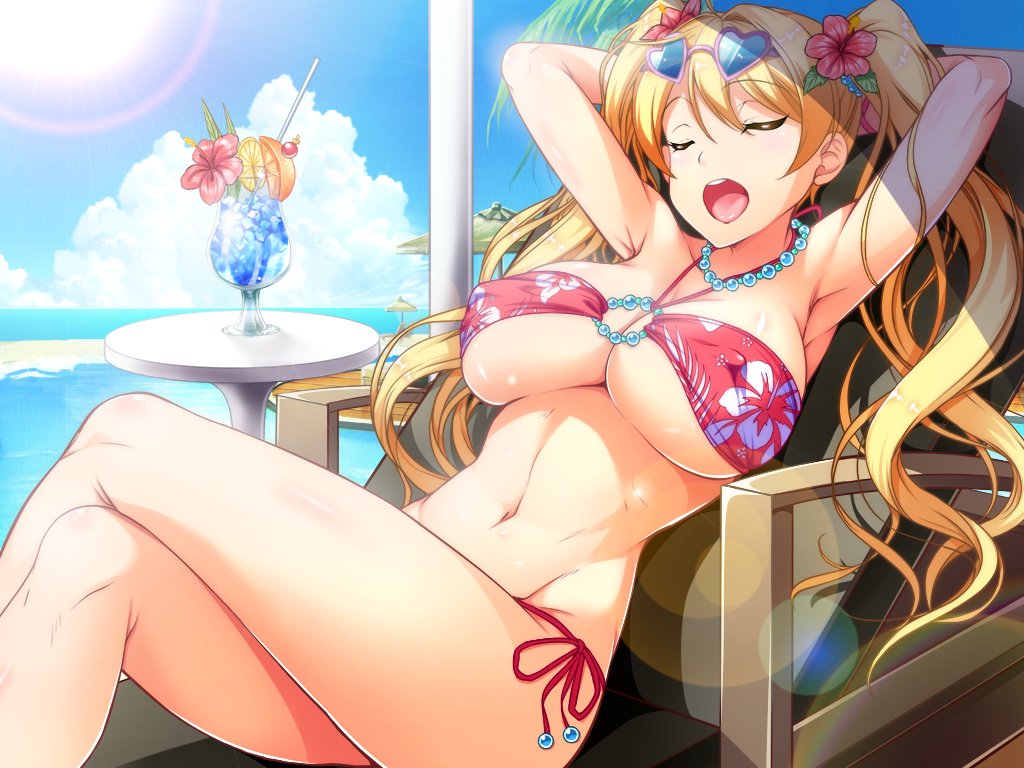 1girl ajishio arms_behind_head beach bikini blonde_hair blue_sky breasts chair cloud cowboy_shot cup day drinking_glass erect_nipples eyebrows_visible_through_hair eyes_closed eyewear_on_head flower food fruit game_cg hair_between_eyes hair_flower hair_ornament halterneck jewelry large_breasts legs_crossed long_hair midriff necklace o-ring o-ring_bikini ocean open_mouth outdoors pearl_necklace side-tie_bikini sitting sky solo sunglasses sunlight swimsuit table twintails yawning