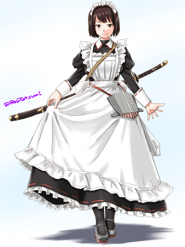 1girl alternate_costume apron black_dress brown_eyes brown_hair commentary_request dress enmaided frilled_apron frills full_body hyuuga_(kantai_collection) kantai_collection katana looking_at_viewer maid maid_headdress mary_janes shadow shoes short_hair silver_shoes smile solo standing sword tatsumi_ray twitter_username weapon white_apron white_background