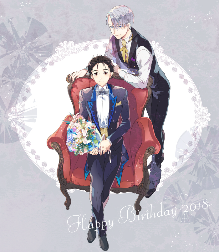 2018 2boys black_hair blazer blue_eyes bouquet bow bowtie brown_eyes chair flower formal hair_slicked_back happy_birthday jacket katsuki_yuuri kuroemon legs_crossed male_focus multiple_boys silver_hair sitting smile suit viktor_nikiforov waistcoat yuri!!!_on_ice