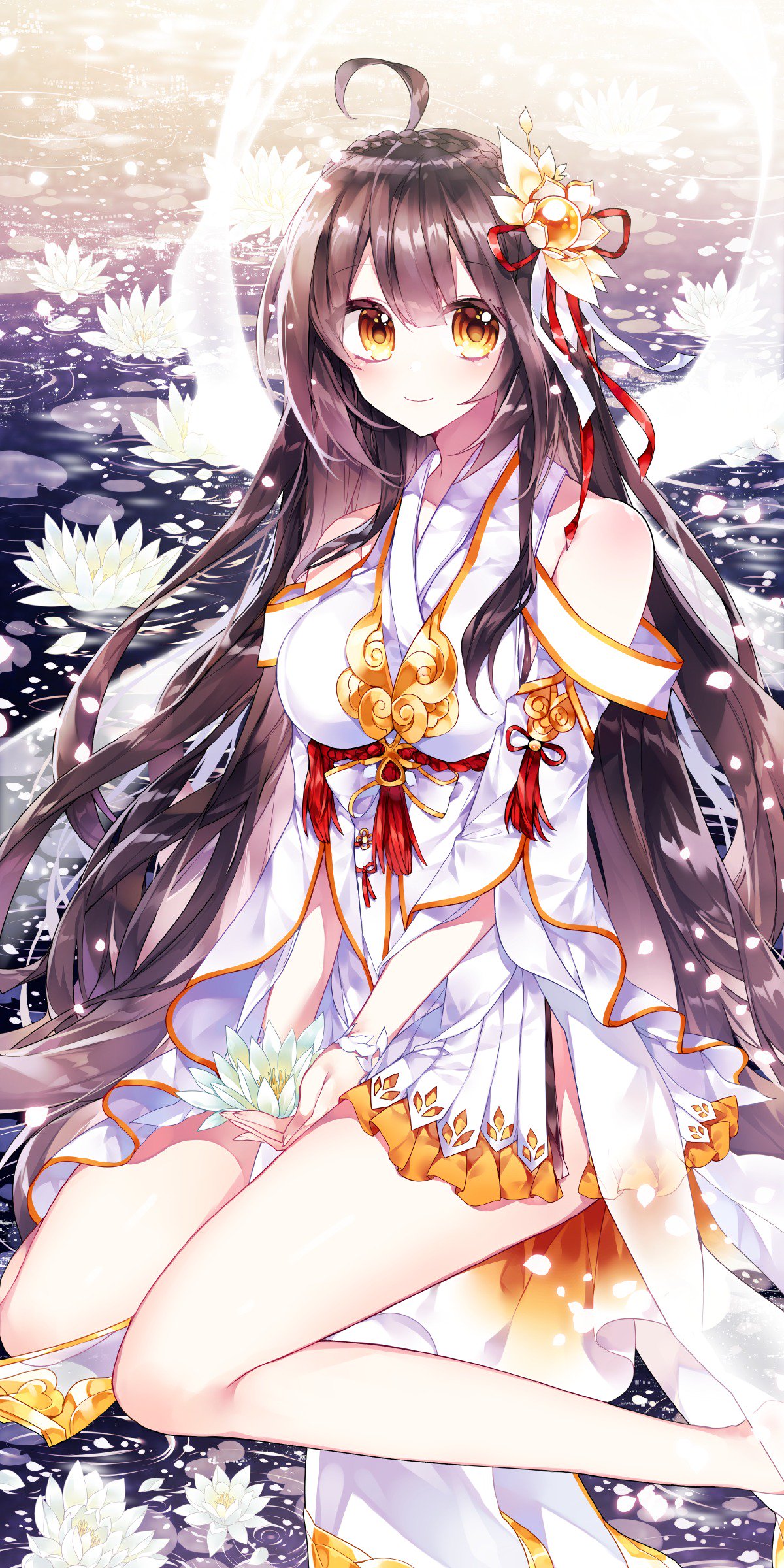 1girl absurdres apsara_(elsword) ara_han braid detached_sleeves elsword eyebrows_visible_through_hair flower g_ieep hair_flower hair_ornament highres long_hair lotus silk_sheet sitting_on_water smile very_long_hair