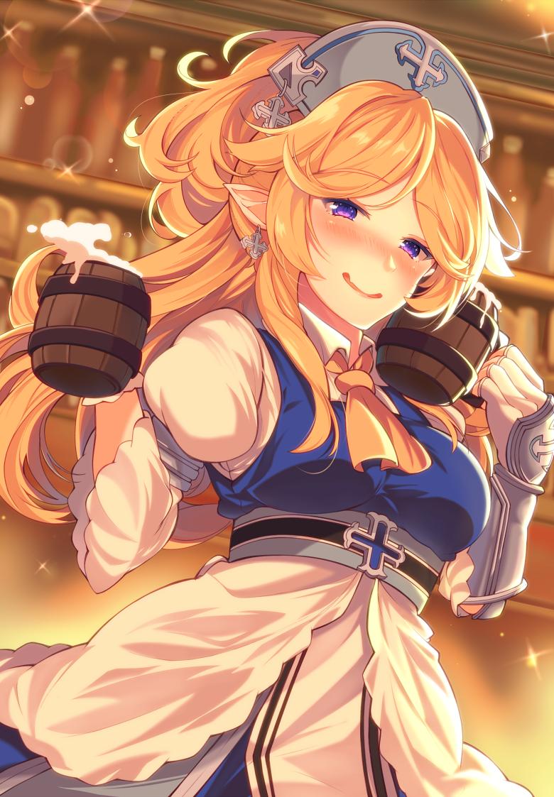 1girl alcohol arm_guards ayase_yukari bangs beer beer_mug blonde_hair blurry blurry_background blush bokeh breasts collared_shirt cowboy_shot cross cross_earrings cup depth_of_field dress drunk earrings gloves hat holding holding_cup indoors jewelry juliet_sleeves long_hair long_sleeves looking_at_viewer medium_breasts mizuyoukan_(mikususannda) mug open_mouth orange_neckwear pointy_ears ponytail princess_connect!_re:dive puffy_sleeves purple_eyes shirt sidelocks solo sparkle white_gloves