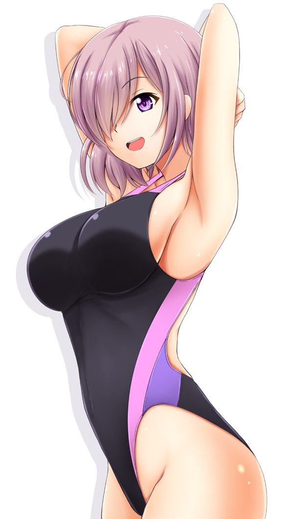 1girl :d alternate_costume armpits arms_behind_head arms_up black_swimsuit breasts commentary_request competition_swimsuit eyebrows_visible_through_hair fate/grand_order fate_(series) female fuuma_nagi hair_over_one_eye happy large_breasts lavender_hair mash_kyrielight neck one-piece_swimsuit open_mouth purple_eyes round_teeth short_hair simple_background smile solo standing swimsuit teeth type-moon upper_teeth white_background