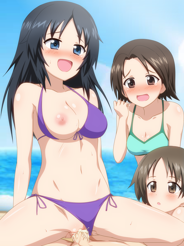 1boy 3girls areolae bikini bikini_aside bikini_pull black_hair blue_eyes blush breasts brown_eyes brown_hair censored cleavage clothed_sex clothing_aside cum cum_in_pussy girl_on_top girls_und_panzer green_bikini groin long_hair medium_breasts multiple_girls navel nipples ocean one_breast_out open_mouth outdoors purple_bikini pussy sakaguchi_karina sawa_azusa sex short_hair side-tie_bikini sky smile spread_legs straddling sweat swimsuit swimwear vaginal yamagou_ayumi yamiochi_umekichi