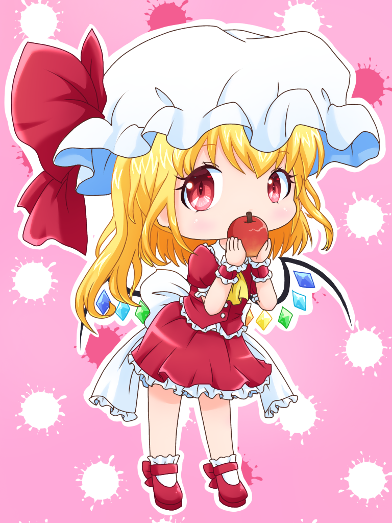 1girl adapted_costume apple bending_forward blonde_hair blouse bobby_socks chibi commentary_request covering_mouth cravat eyebrows_visible_through_hair flandre_scarlet food fruit hat hat_ribbon ivy_(user_mpvt3285) looking_at_viewer mary_janes mob_cap outline petticoat pink_background polka_dot polka_dot_background puffy_short_sleeves puffy_sleeves red_blouse red_eyes red_footwear red_skirt ribbon shoes short_hair short_sleeves side_ponytail skirt socks solo splatter standing touhou white_headwear white_legwear wings wrist_cuffs yellow_neckwear