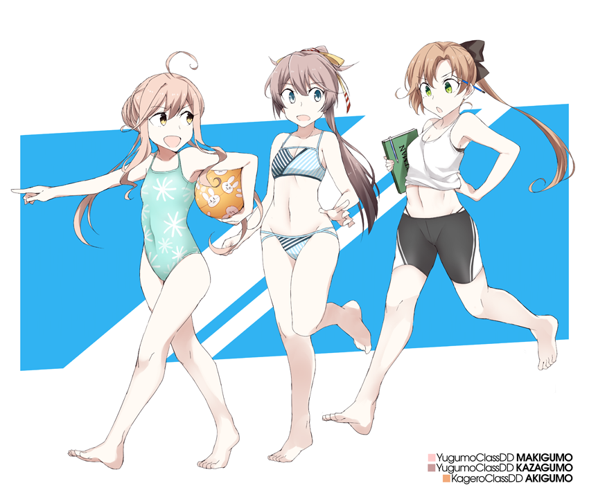 3girls akigumo_(kantai_collection) aqua_swimsuit bike_shorts bikini black_ribbon blue_background border breasts brown_hair casual_one-piece_swimsuit character_name double_bun eyebrows_visible_through_hair eyewear_removed full_body glasses green_eyes grey_swimsuit hair_between_eyes hair_ribbon kantai_collection kazagumo_(kantai_collection) long_hair makigumo_(kantai_collection) mole multiple_girls one-piece_swimsuit open_mouth pencil pink_hair pointing ponytail ribbon silver_eyes sketchbook small_breasts smile souji swimsuit swimsuit_under_clothes twintails walking white_border