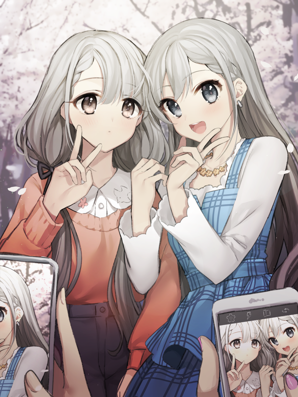 2girls :d bangs black_ribbon blue_dress blue_eyes blush braid brown_eyes brown_sweater cellphone cellphone_picture cherry_blossoms collared_shirt commentary_request dress dress_shirt earrings eyebrows_visible_through_hair fingernails gambe grey_eyes grey_hair hair_between_eyes hair_ribbon hand_up hands_up highres hisakawa_hayate hisakawa_nagi idolmaster idolmaster_cinderella_girls jewelry locked_arms long_hair long_sleeves looking_at_viewer low_twintails multiple_girls nail_polish necklace open_mouth outdoors phone pink_nails plaid plaid_dress ribbon round_teeth shirt siblings sisters sleeveless sleeveless_dress smile sweater teeth tree twins twintails upper_teeth v very_long_hair white_shirt