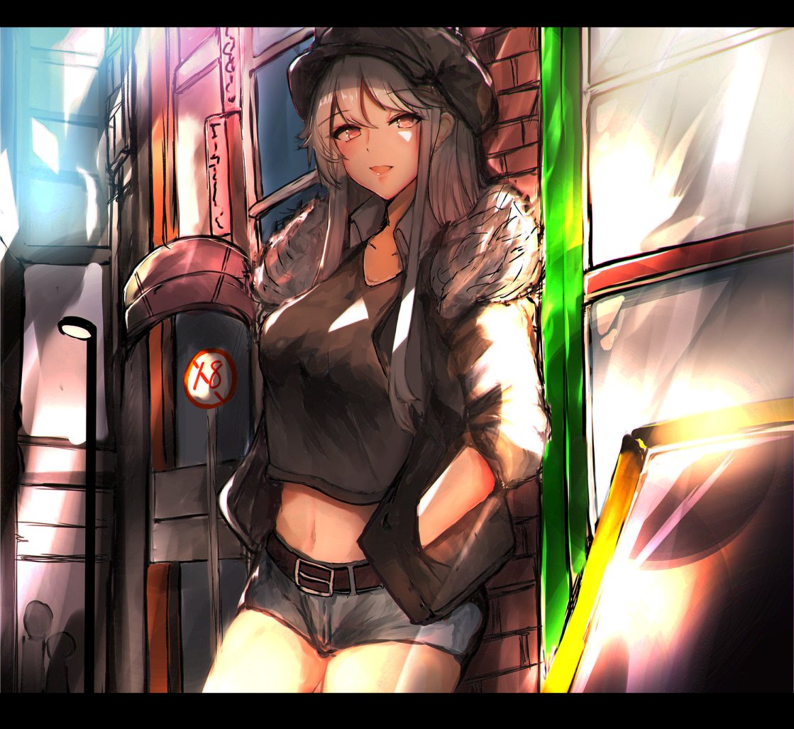 1girl alternate_costume azur_lane belt breasts brick_wall building commentary_request cowboy_shot denim denim_shorts enterprise_(azur_lane) eyebrows_visible_through_hair fur_collar halter_top halterneck hands_in_pockets hat jacket lamppost large_breasts leaning_back midriff navel open_mouth otsunabe_(naabe_delta) purple_eyes shorts silver_hair solo standing urban window