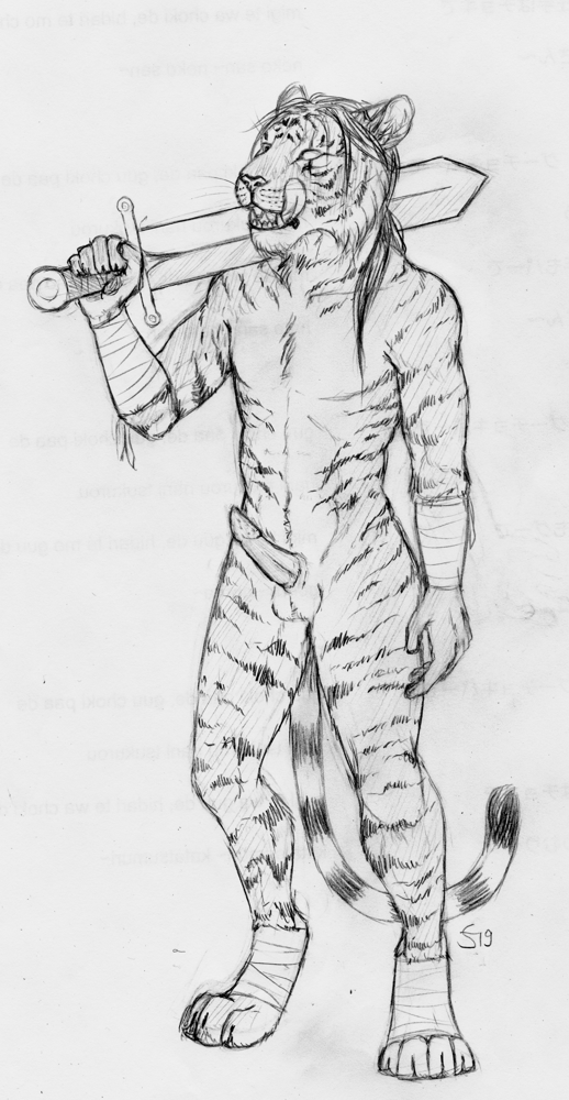 balls bandage barbed_penis broadsword erection eye_scar felid feline gaikotsu hair licking licking_lips licking_muzzle long_hair male mammal melee_weapon monochrome nude pantherine penis pinup pose scar seductive sketch solo sword tiger tongue tongue_out weapon
