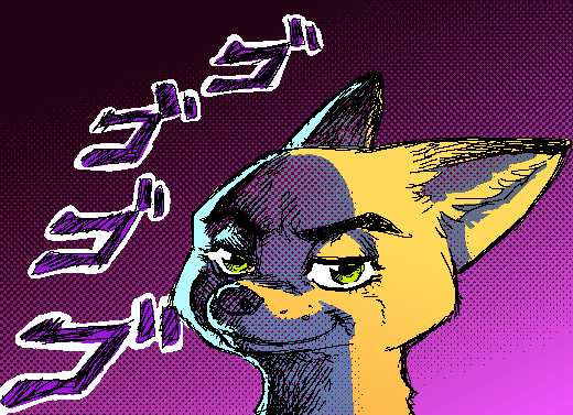 anthro canid canine disney fox fuel_(artist) gradient_background green_eyes half-closed_eyes japanese_text jojo's_bizarre_adventure looking_at_viewer male mammal meme menacing nick_wilde pattern_background pink_background screentone simple_background smile solo text zootopia ゴゴゴゴゴ