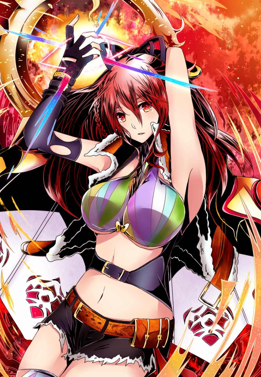 1girl armpits arms_up belt black_gloves black_nails black_shorts breasts collarbone cowboy_shot crop_top detached_sleeves divine_gate elbow_gloves fingerless_gloves getsuyoubi gloves hair_between_eyes highres huge_breasts long_hair long_sleeves looking_at_viewer midriff nail_polish navel parted_lips red_eyes red_hair short_shorts shorts solo standing stomach thighhighs torn_clothes torn_gloves torn_shorts very_long_hair