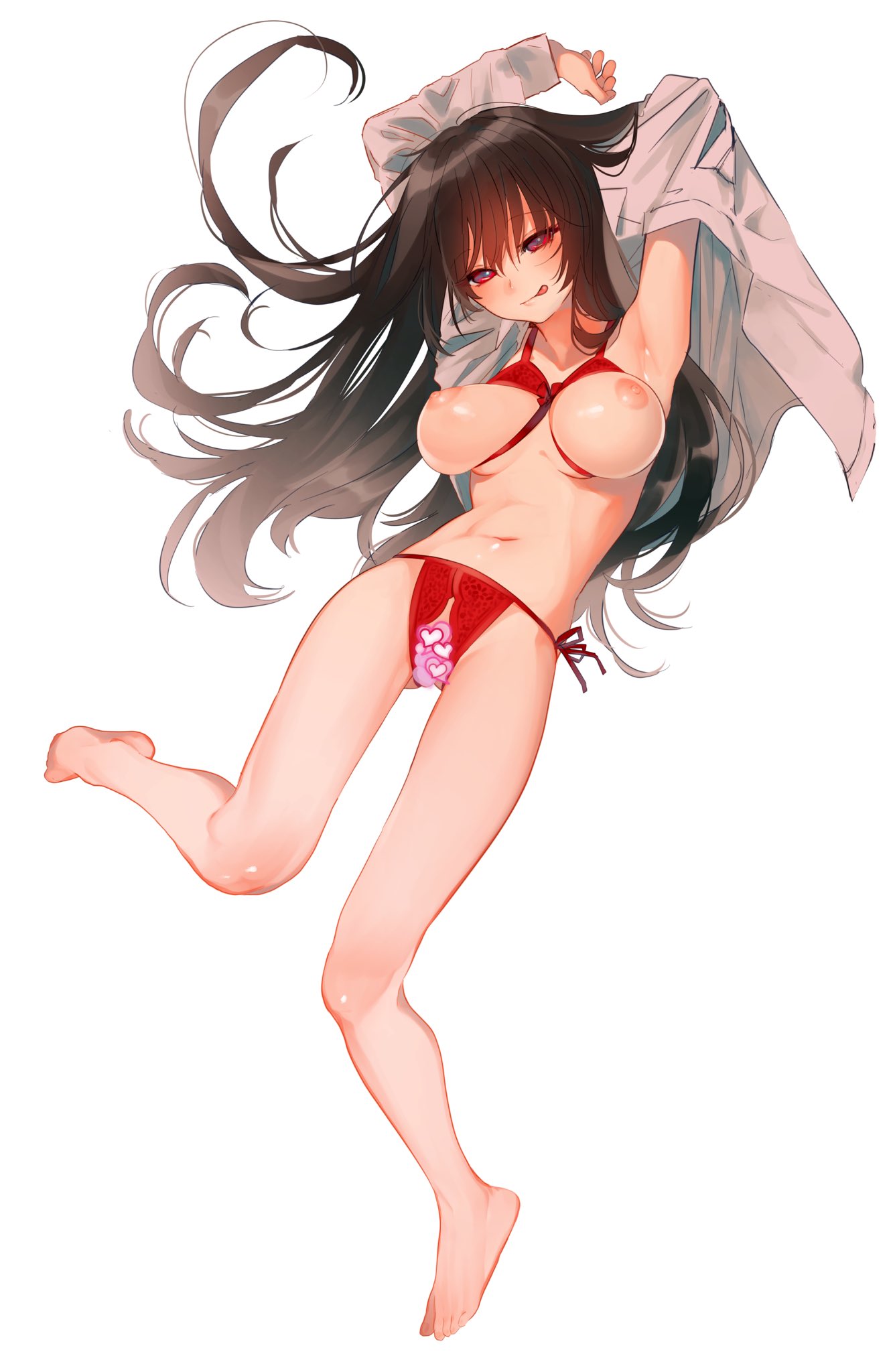1girl :p armpits arms_up barefoot breastless_clothes breasts breasts_outside censored crotchless crotchless_panties feet female heart heart_censor heavily_censored highres honryou_wa_naru large_breasts long_hair messy_hair navel nipples original panties red_eyes side-tie_panties simple_background solo toes tongue tongue_out underwear undressing white_background