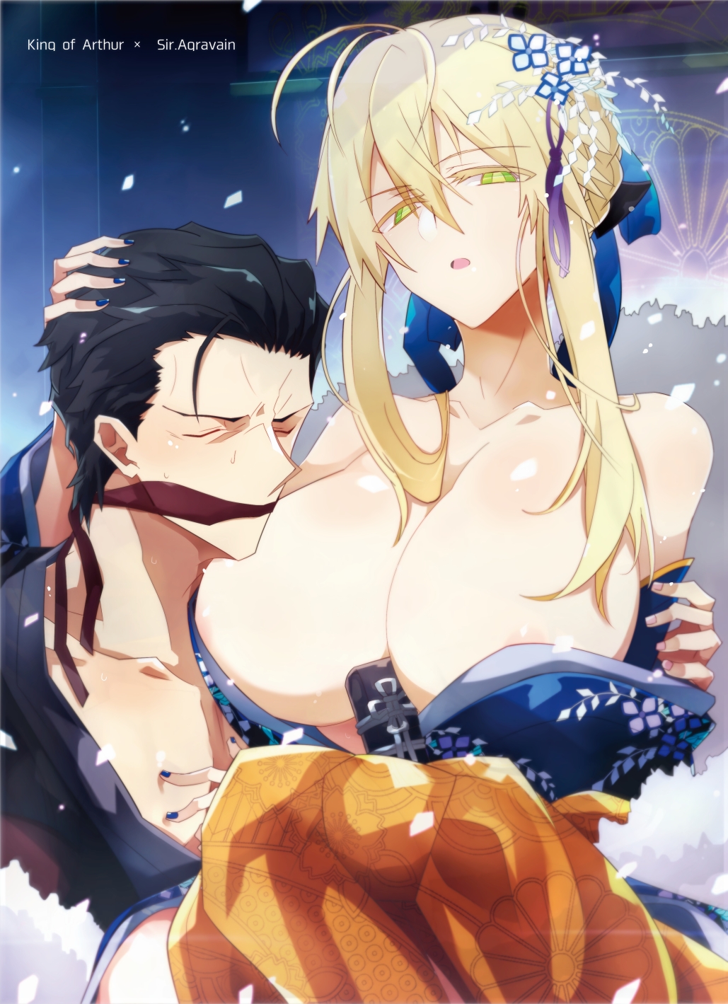 1boy 1girl agravain_(fate/grand_order) ahoge artoria_pendragon_(all) artoria_pendragon_(lancer) bare_shoulders between_breasts black_hair blonde_hair blue_bow blue_kimono blue_nails bow breasts character_name collarbone colored_eyelashes eyes_closed fate/grand_order fate_(series) fingernails green_eyes hair_bow hair_ornament hand_on_another's_head highres huge_breasts japanese_clothes kimono long_neck looking_at_viewer nail_polish neck nogi_(acclima) short_hair sidelocks upper_body