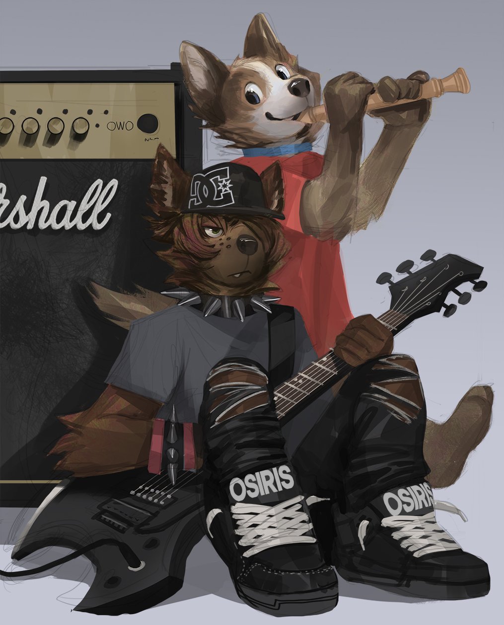 2019 anthro canid canine canis clothing digital_media_(artwork) domestic_dog duo flute fur guitar hi_res instrument male mammal music musical_instrument tacklebox
