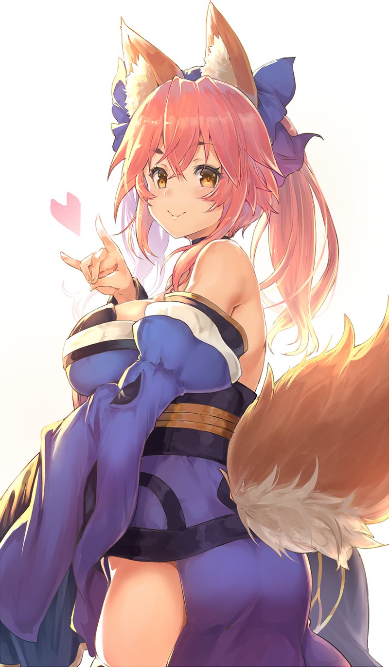 1girl animal_ears blue_dress blue_ribbon blush commentary dress fate/extra fate_(series) fox_ears fox_shadow_puppet fox_tail from_behind hair_ribbon heart highres japanese_clothes looking_at_viewer looking_back orange_eyes orange_hair pelvic_curtain ponytail ribbon smile solo sumisu_(mondo) tail tamamo_(fate)_(all) tamamo_no_mae_(fate) wide_sleeves