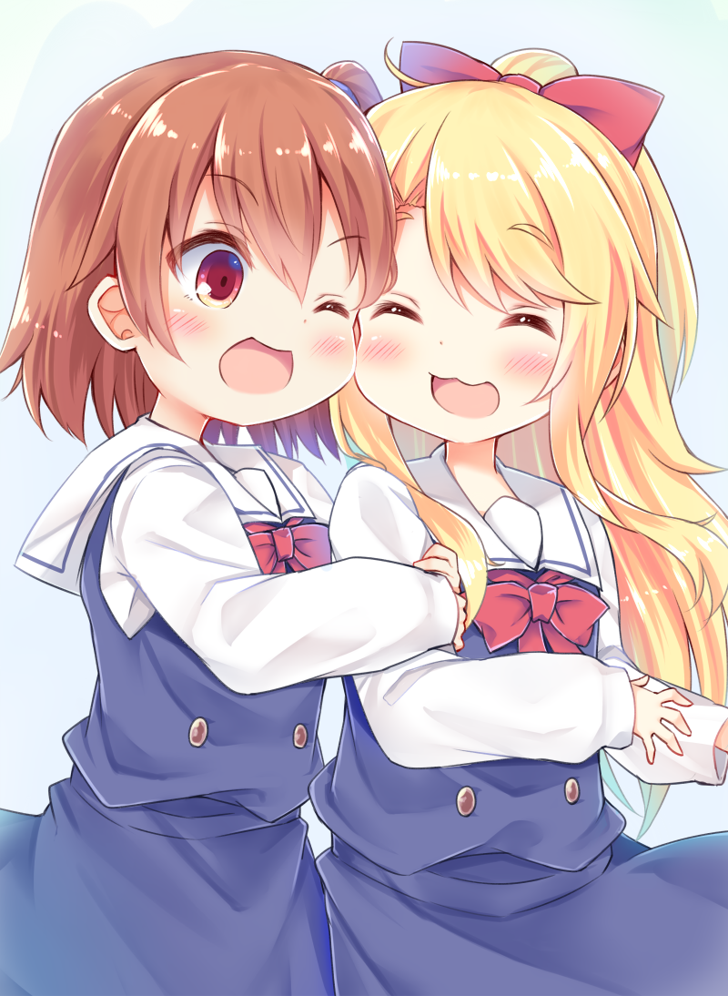 2girls :3 :d ;d ^_^ arm_hug bangs blonde_hair blue_dress blush bow brown_hair closed_eyes commentary_request dress esureki eyebrows_visible_through_hair eyes_closed hair_between_eyes hair_bow hair_tie high_ponytail himesaka_noa hoshino_hinata long_hair long_sleeves multiple_girls one_eye_closed one_side_up open_mouth ponytail red_bow red_eyes sailor_collar sailor_dress school_uniform shirt sleeveless sleeveless_dress smile very_long_hair watashi_ni_tenshi_ga_maiorita! white_sailor_collar white_shirt