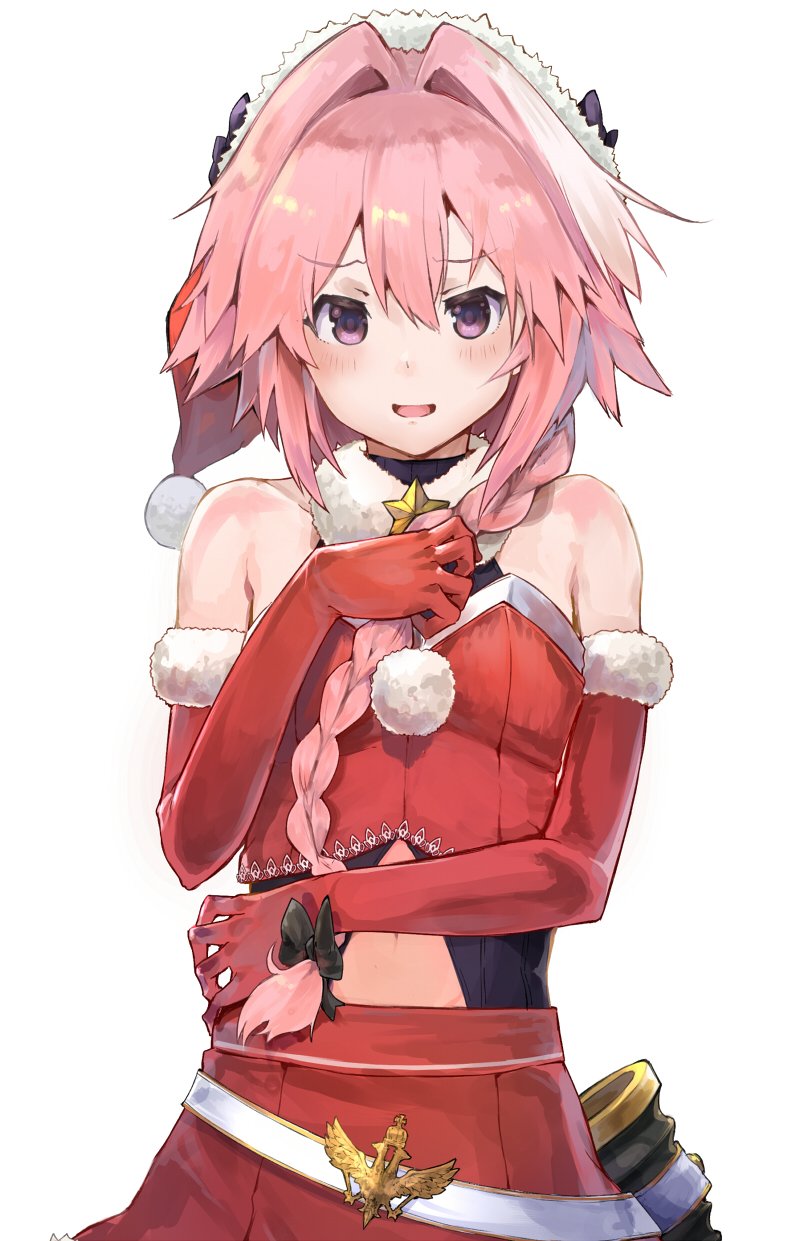1boy :d androgynous astolfo_(fate) bare_shoulders black_bow bow braid commentary elbow_gloves fate/apocrypha fate_(series) gloves hair_bow hair_intakes hat highres looking_at_viewer male_focus navel navel_cutout open_mouth pink_eyes pink_hair pom_pom_(clothes) red_gloves santa_costume santa_hat simple_background single_braid smile sumisu_(mondo) trap upper_body white_background