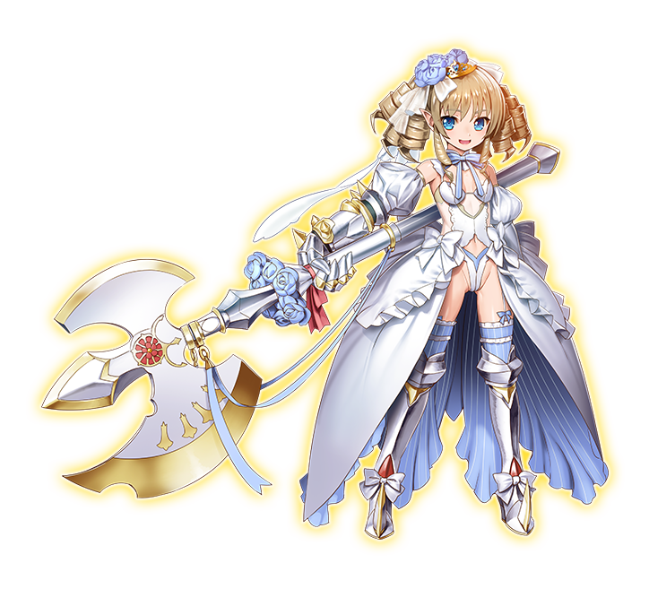 10s 1girl armored_boots axe battle_axe blonde_hair blue_eyes boots dress drill_hair flat_chest flower gauntlets open_mouth queen's_blade queen's_blade_unlimited ribbons smile warrior weapon wedding_dress white_dress ymir_(queen's_blade)