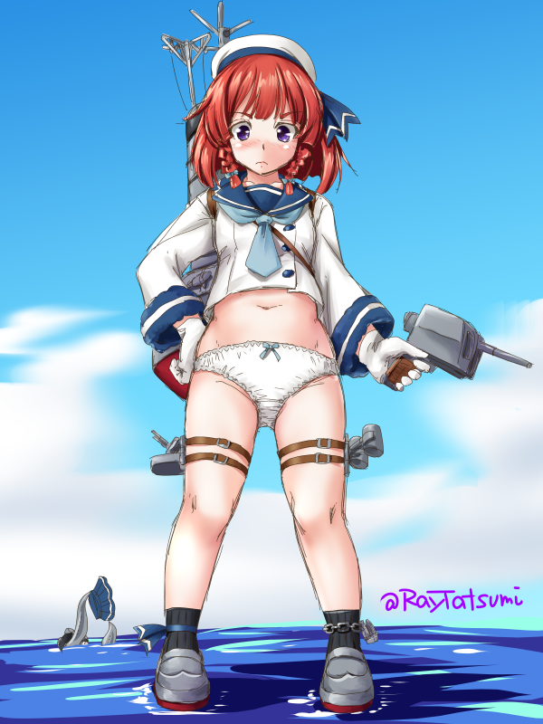 1girl 1other adapted_turret blue_neckwear blue_ribbon blue_skirt blue_sky bob_cut braid cloud day etorofu_(kantai_collection) from_below full_body gloves kantai_collection loafers long_sleeves looking_at_viewer machinery multicolored_hair navel neckerchief no_pants outdoors panties pleated_skirt purple_eyes red_hair ribbon school_uniform serafuku shoes side_braid skirt skirt_removed skirt_thief sky standing tatsumi_ray tentacle thick_eyebrows tsurime twin_braids twitter_username underwear white_gloves white_panties