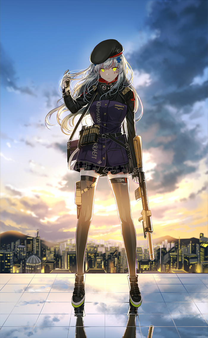 1girl assault_rifle backlighting bangs beret black_legwear blunt_bangs boots breasts cityscape clenched_hand clothes_writing cloud facial_mark floating_hair girls_frontline gloves green_eyes gun h&amp;k_hk416 hair_ornament hand_in_hair hand_up hat heckler_&amp;_koch hk416_(girls_frontline) holding holding_gun holding_weapon jacket long_hair looking_at_viewer magazine_(weapon) medium_breasts plaid plaid_skirt pouch reflection rifle rooftop silence_girl silver_hair skirt solo sunrise teardrop thighhighs very_long_hair weapon wind