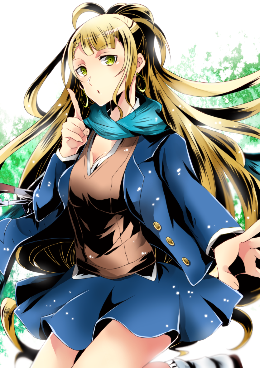 1girl bangs blazer blonde_hair blue_jacket blue_skirt breasts brown_sweater cleavage divine_gate dress_shirt earrings eyebrows_visible_through_hair floating_hair getsuyoubi green_eyes jacket jewelry leg_up long_hair long_sleeves looking_at_viewer medium_breasts miniskirt open_blazer open_clothes open_jacket outstretched_arm shirt skirt solo standing sweater very_long_hair white_legwear white_shirt
