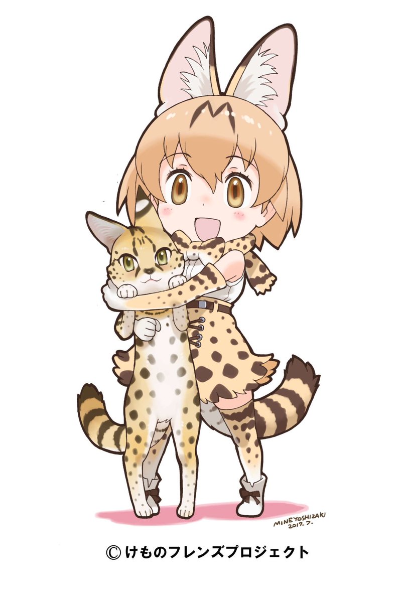 1girl animal_ears creature_and_personification dated full_body highres kemono_friends official_art open_mouth ribbon serval serval_(kemono_friends) serval_ears serval_print serval_tail tail thighhighs white_background yoshizaki_mine